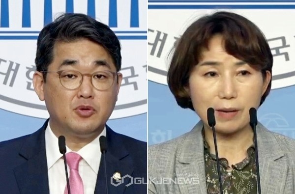 배준영 미래통합당 대변인과 안혜진 국민의당 대변인이 16일 오후 국회 소통관에서 북한 남북공동연락사무소 폭파에 대해 규타하고 있다.