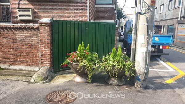 시흥5동 은행나무사거리 벤치에 사회적거리두기를 위해 놓인 꽃 화분 모습