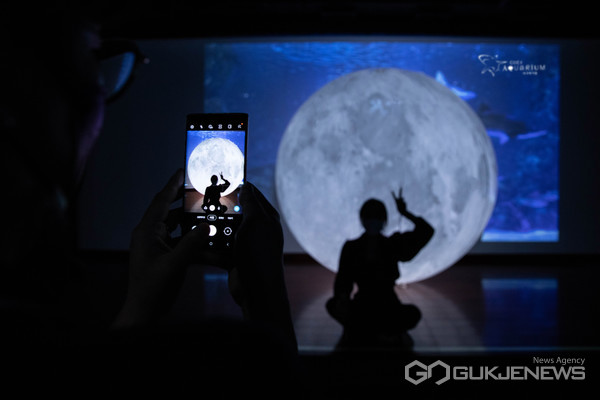 사진=관람객이 코엑스아쿠아리움 ‘딥블루광장’에 뜬 ‘보름달’을 배경으로 사진을 찍고 있다.