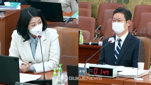 배현진 국민의힘 의원이 9일 국회 문화체육관광위원회 황희 문화체육관광부 장관 후보자 인사청문회에서 박사학위 논문에 대해 질의하고 있다.(국회방송캡쳐)