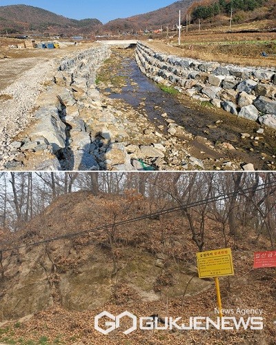 위쪽부터 청안 장척소하천 정비사업, 청안 효근리 산30-1일원 급경사지.(제공=괴산군청)