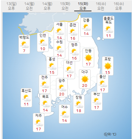 15일 토요일 내일의날씨 (기상청 제공)