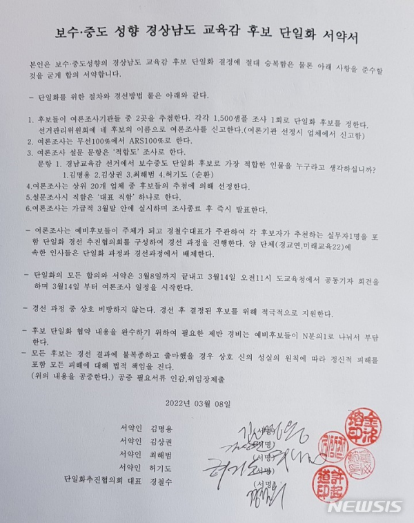 (사진제공=김상권 예비후보) 경남교육감 중보소수 후보 딘일화 서약서.에 4명의 예비후보들이 서명했다.