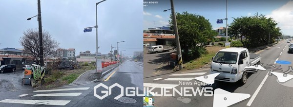 40년간 제성마을을 지켜온 가로수가 주민들의 반대에도 불구하고 하루만에 잘려나갔다. 사진 오른쪽은 가로수가 잘려나가기전 모습.[사진=제주참여환경연대]