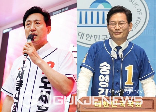 ▲30일 오세훈 국민의힘 서울시장 후보는 강남역에서 유세하고 송영길 더불어민주당 서울시장 후보는 국회에서 서부개발 공약을 발표하고 있다./사진=이용우 기자