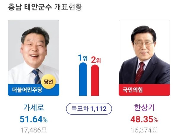 6.1 전국동시지방선거 충남 태안군수 선거 개표 현황. (사진 = 다음 캡처)