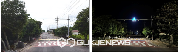 다기능 교통표지판 설치 전(사진 왼쪽)/ 설치 후(오른쪽)