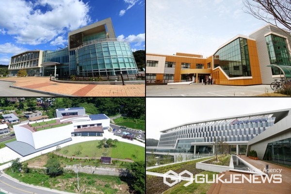 태안 건축문화상 수상작들. 사진 왼쪽 상단부터 시계방향으로 천리포수목원 에코힐링센터(2008), 태안도서관(2010), 한국서부발전 본사(2015), 유류피해극복기념관(2018). 괄호 안은 수상년도. (태안군 제공)