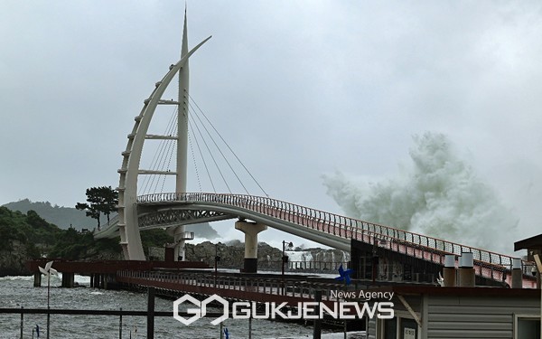 제주 서귀포시와 새섬을 이어주는 도보교 ‘새연교’에서는 40m 가량 솟구친 파도가 관측되기도 했다.[사진=서귀포시청]