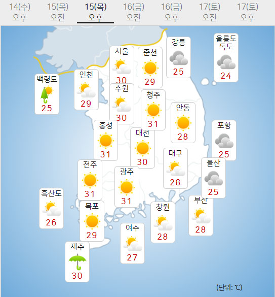 15일 목요일 오늘의날씨 내일의날씨 (기상청 제공)
