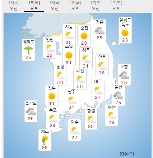 15일 목요일 오늘의날씨 (기상청 홈페이지)