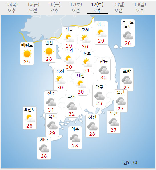 17일 토요일 내일의날씨 (기상청 홈페이지)