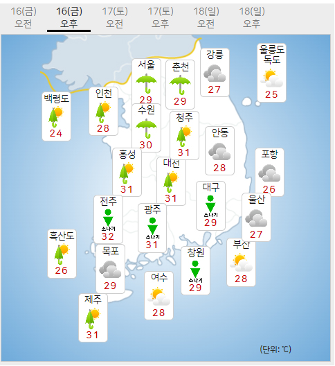 16일 금요일 오늘의날씨 (기상청 홈페이지)