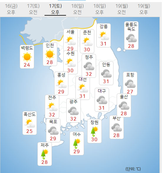 17일 토요일 오늘의날씨 (기상청 홈페이지)