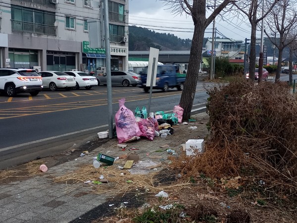 서천읍 화금리 그린주택 주민들이 쓰레기를 배출하기 위해 매일 도로를 횡단, 교통사고 위험성이 제기되고 있어 서천군의 적극적인 관심이 요구되고 있다. (사진=김정기 기자)
