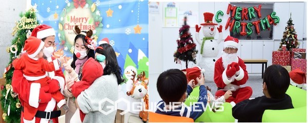 의정부소재 영아원과 경기북부아동일시보호소에 산타할아버지로 등장한 김동근의정부시장이 위문금을 전달하고 종사자들을 격려했다.<사진제공=의정부시>