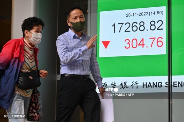 홍콩증권거래소 전광판(2022년 11월 28일 촬영). 사진제공/AFP통신