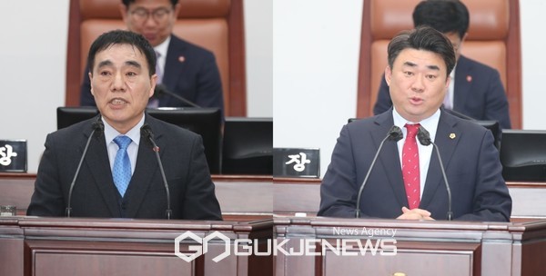 제12대 의회 첫 교섭단체 대표연설에 나선 양영식 의원과 강충룡 의원이 제2공항 건설을 두고 날선 공방을 벌였다. 양영식 의원은 도민의 의사 결정 없이 제2공항을 강행하면 또 다른 블랙홀이 돼 제주의 갈등의 섬으로 변질 될 것"이라고 지적했고, 이에 강충룡 의원은 "5조원 이상 건설경기 효과와 5만명 이상 고용 창출 효과 등으로 제주경제를 활성화시키는 기폭제가 될 것으로 확신한다" 제2공항의 필요성을 역설했다.[사진= 제주도의회]