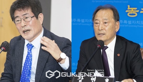 제주도의회 농수축경제위원회가 28일 제413회 임시회를 속개, 제주도 해양수산국 등으로부터 ‘2023년도 주요 업무 보고’를 받은 가운데 고태민 의원(사진 좌)과 강연호 위원장(사진 우)가 질의하고 있다.[사진=제주도의회 제공]