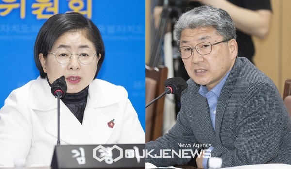 제주도의회 보건복지위원회가 28일 제413회 임시회를 속개, 제주도 보건가족국으로부터  ‘2023년도 주요 업무 보고’를 받은 가운데 김경미 위원장(사진 좌)과 이상봉 의원(사진 우)가 질의하고 있다.[사진=제주도의회 제공]