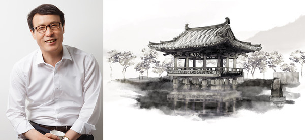 이남호 전 총장(왼쪽)과 문회루 누각 펜화. 전북대 제공