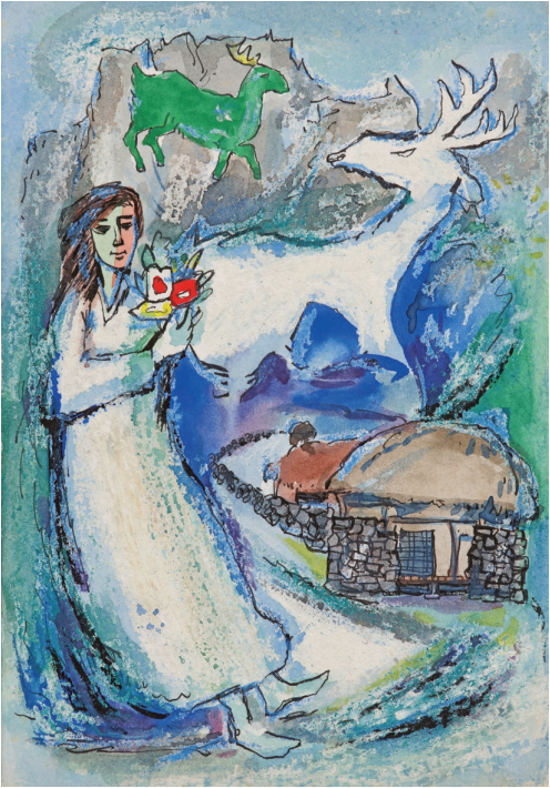 강태석 「작품68-아가씨, 사슴, 초가집」 19.7×13.7㎝, 1975년 전후, 민속자연사박물관