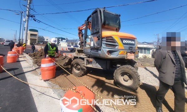 14일 오전 제주시 제성마을 벚나무 이식을 위해 투입된 중장비[사진=문서현 기자]