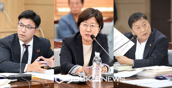 제주도교육청이 올해 첫 추경 편성 과정에서 내부 유보금인 종합교육지원센터 예산 171억을 다른 사업 재편성하면서 제주도의회를 무시했다는 질타가 집중 제기됐다. 사진 왼쪽부터 현지홍, 고의숙, 양홍식 의원.[사진=제주도의회]