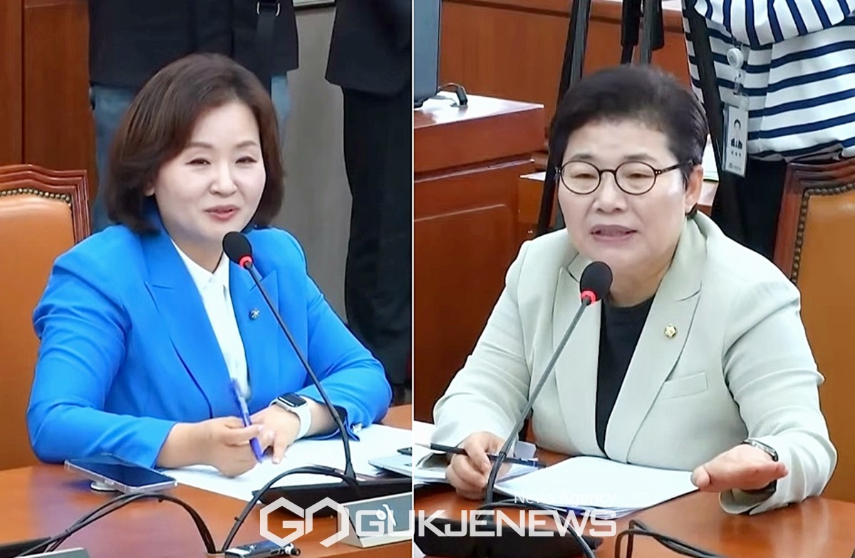 ▲27일 오후 국회 환경노동위원회 전체회의에서 임이자 국민의힘 의원과 이수진 더불어민주당 의원이 의사진행 발언을 하고 있다./사진=이용우 기자