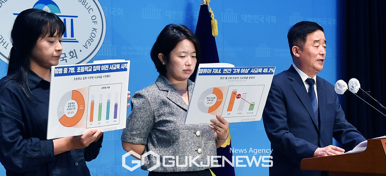 (서울=국제뉴스) 강득구 더불어민주당 의원이 10일 오전 서울 여의도 국회에서 '영유아 사교육비 관련 실태조사 결과 발표' 기자회견을 하고 있다./사진=이용우기자