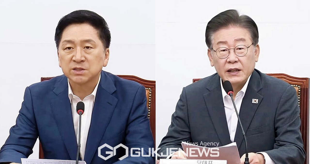 ▲7일 오전 김기현국민의힘 대표와 이재명 더불어민주당 대표는 각각 새만금 잼버리 대회 관련해 자당 최고위원회의에서 발언하고 있다./사진=이용우 기자