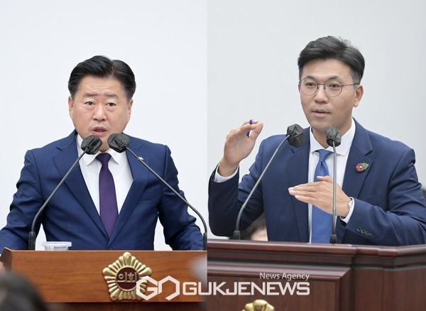 현지홍 의원(사진 오른쪽)이 장기간 고장난 상태로 방치된 전기차 충전기에 대해 지적하자 오영훈 지사(사진 왼쪽)는 충전기 문제를 어떤 방식으로 해결할 것인지와 관련 제거와 재활용에 대해 법적인 근거를 마련하는 작업을 검토하겠다고 대답했다.[사진=제주도의회]