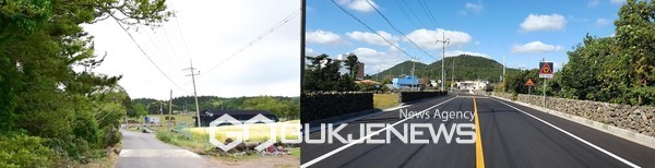 상천마을과 산록도로를 연결하는 마을안길(병악로) 통행 불편해소를 위해 추진한 상천 도시계획도로. 사진 좌, 공사전, 사진 우 공사후[사진=서귀포시청]