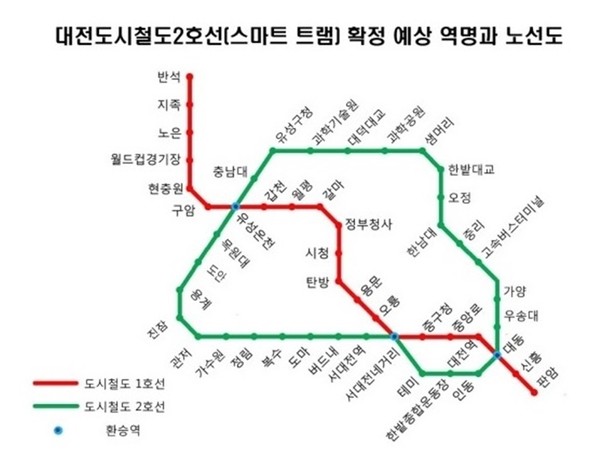 대전도시철도 지하철 2호선 트램 노선도 / 대전시 제공