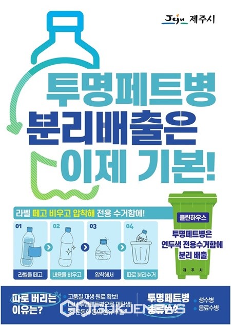 제주시는 16일부터 12월 8일까지 “투명페트병 별도 분리 배출제 집중 홍보기간 운영” 방침에 따라 아파트 엘리베이터, 상가 게시판 등에 안내문을 게시하고, 읍면동은 지역 자생단체와 함께 캠페인을 펼친다.