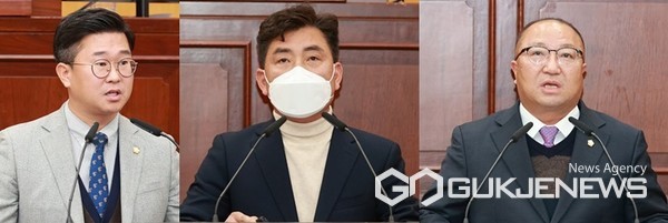 곽명환(민주), 정용학(국민), 김낙우(국민)충주시의원 자유발언 모습(사진=충주시의회)