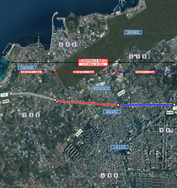 제주시는 서부지역 도심의 원활한 교통환경 제공을 위한‘제주오일시장~이호테우해변입구 도로확장사업’을 12월 착수한다.[사진=제주시청]