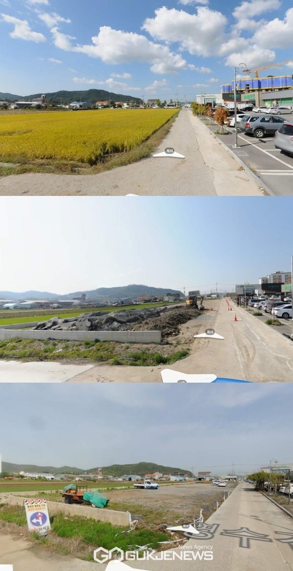 상단부터 2017년 10월, 2019년 4월, 2022년 4월 현장 사진. 가운데 사진에 성토재로 사용된 듯한 검은색 자재가 선명하게 보인다. ⓒ 카카오맵 로드뷰 캡처