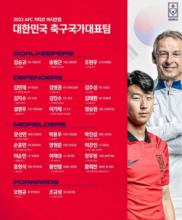 '한국vs이라크 친선평가전' 2023AFC 아시안컵 '한국축구 국가대표' 일정·명단