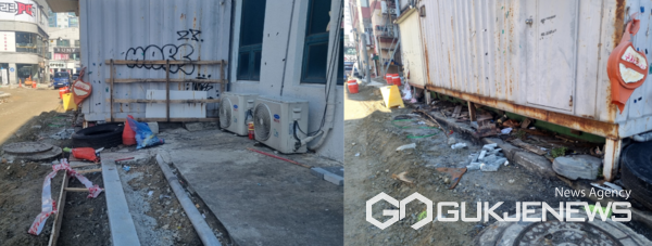 청소년 문화의 거리 도로를 침범하고 서 있는 불법 컨테이너 (사진=김영재 기자)