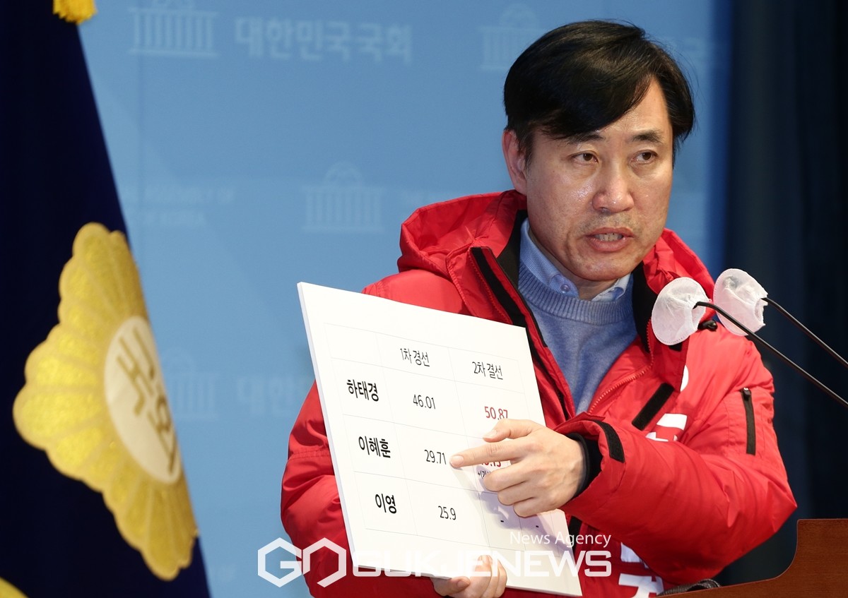 ▲하태경 국민의힘 의원이 12일 오후 서울 여의도 국회 소통관에서 경선 관련 기자회견을 하고 있다. /사진=원명국 기자