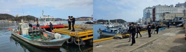 다대포항 정박 중인 어선과 어선을 대상으로 안전점검 차 이동하는 모습