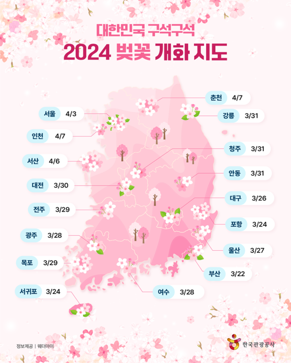 2024 벚꽃개화시기, 만개일시기, 전국벚꽃명소지도 (사진출처=한국관광공사, 웨더아이)
