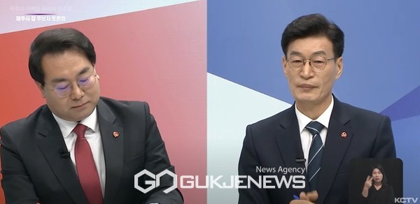 국민의힘 제주시갑 고광철 후보가 더불어민주당 문대림 후보에게 토론과정에서 두가지 심대한 허위사실 공표로 제주도민들 기만했다“며 ”도민들게 즉각 사과를 하지 않으면 법적인 조치를 취하겠다“고 쐐기를 박았다.[사진=KCTV 방송토론회 화면캡쳐]