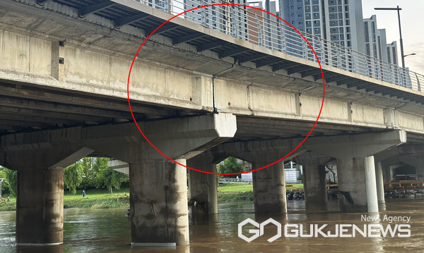 2024년 장마기간, 장마 정체전선의 영향으로 대전 유등천이 불어나 범람위기까지 이르러 도마동과 유천동을 연결하는 유등교 지반이 침하됐다. (사진=국제뉴스)