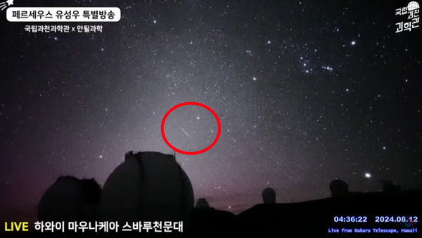 사진은 국립과천과학관 유튜브 생중계채널로 하와이 마우나케아 스바루천문대에서 촬영하고 있는 화면을 실시간을 페르세우스 유성우 특별방송을 시청하면서 캡쳐받은 모습이다. (사진=국립과천과학관 유튜브 생중계채널)