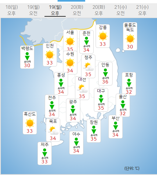 19일 월요일 날씨예보 (사진=기상청 제공)
