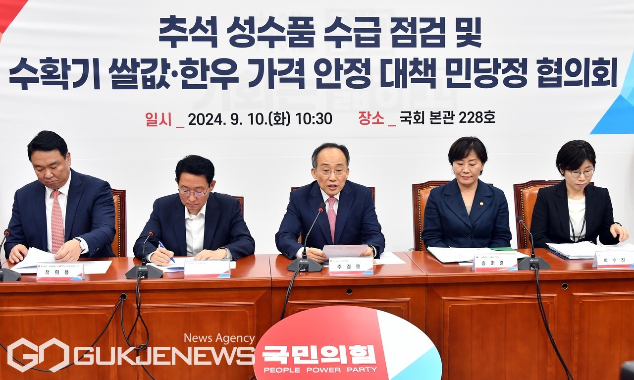 ▲추경호 국민의힘 원내대표가 10일 오전 서울 여의도 국회에서 열린 추석 성수품 수급 점검 및 수확기 쌀값-한우 가격 안정 대책 민당정 협의회에서 발언하고 있다./사진=이용우기자