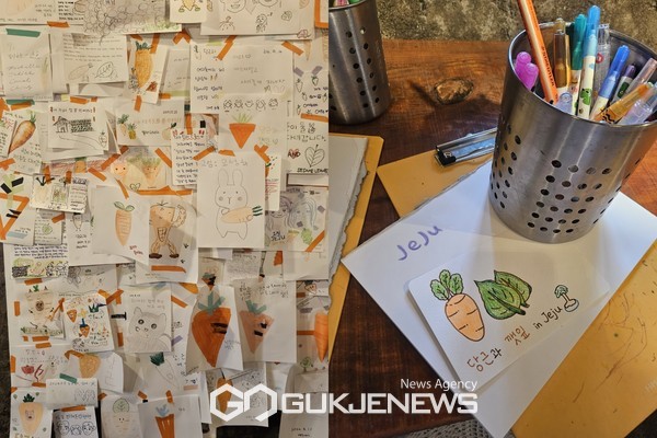 당근과 카페 내부에 들어서면 가장 눈에 들어오는 것이 벽에 다닥다닥 붙은 그림엽서다. 당근을 주제로 그림엽서를 만들고 그 안에 자신만의 사연을 빼곡하게 적어놓았다. [사진=문서현 기자]