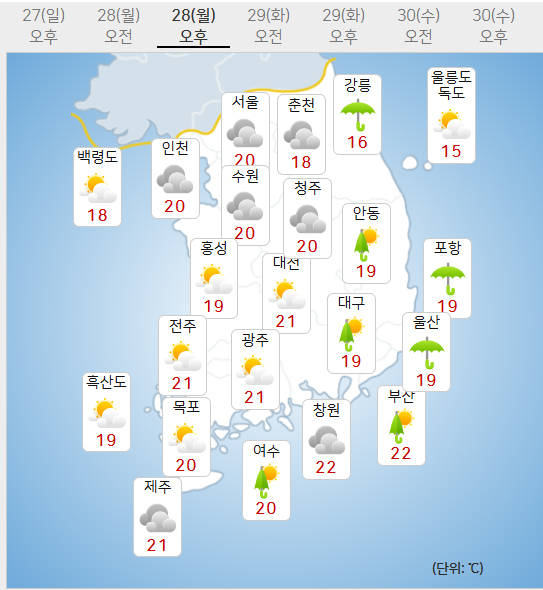 28일 월요일 날씨예보 (사진=기상청 제공)
